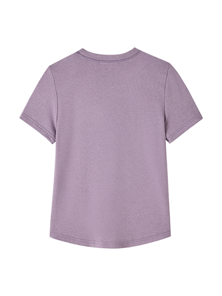 Mauve cotton t-shirt with a woven neck label, flat lay front view on pure white