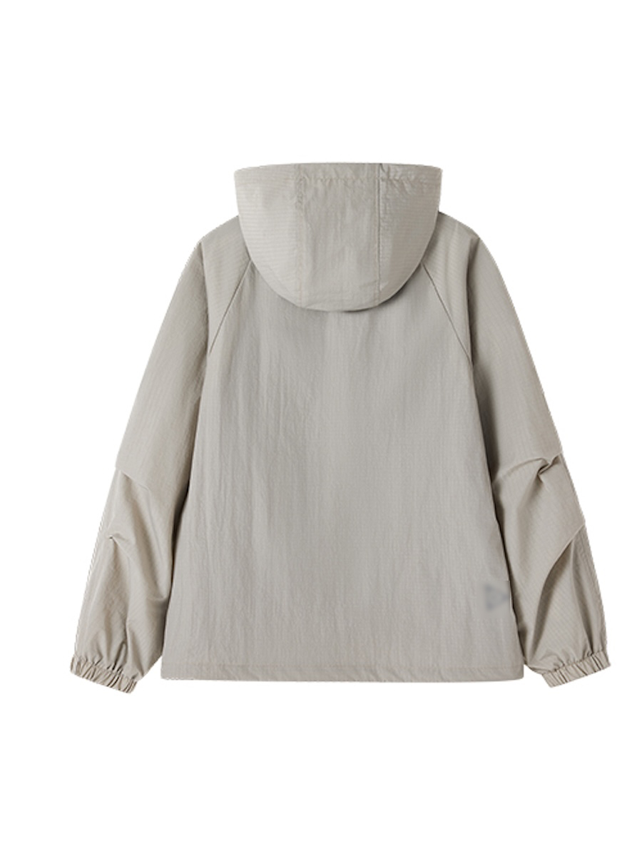 Back view of a stone grey hooded windbreaker laid flat on pure white