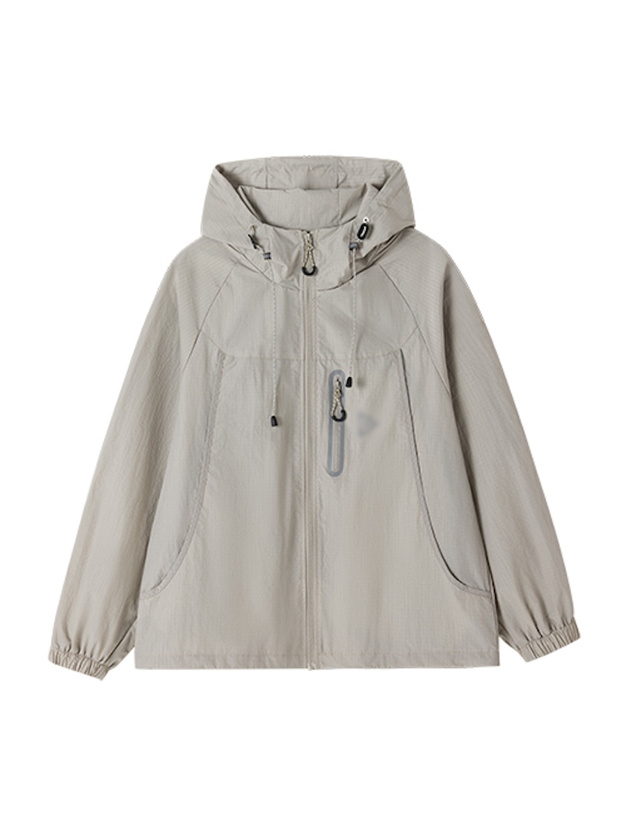 Stone grey hooded ripstop windbreaker, filled flat lay front view on pure white