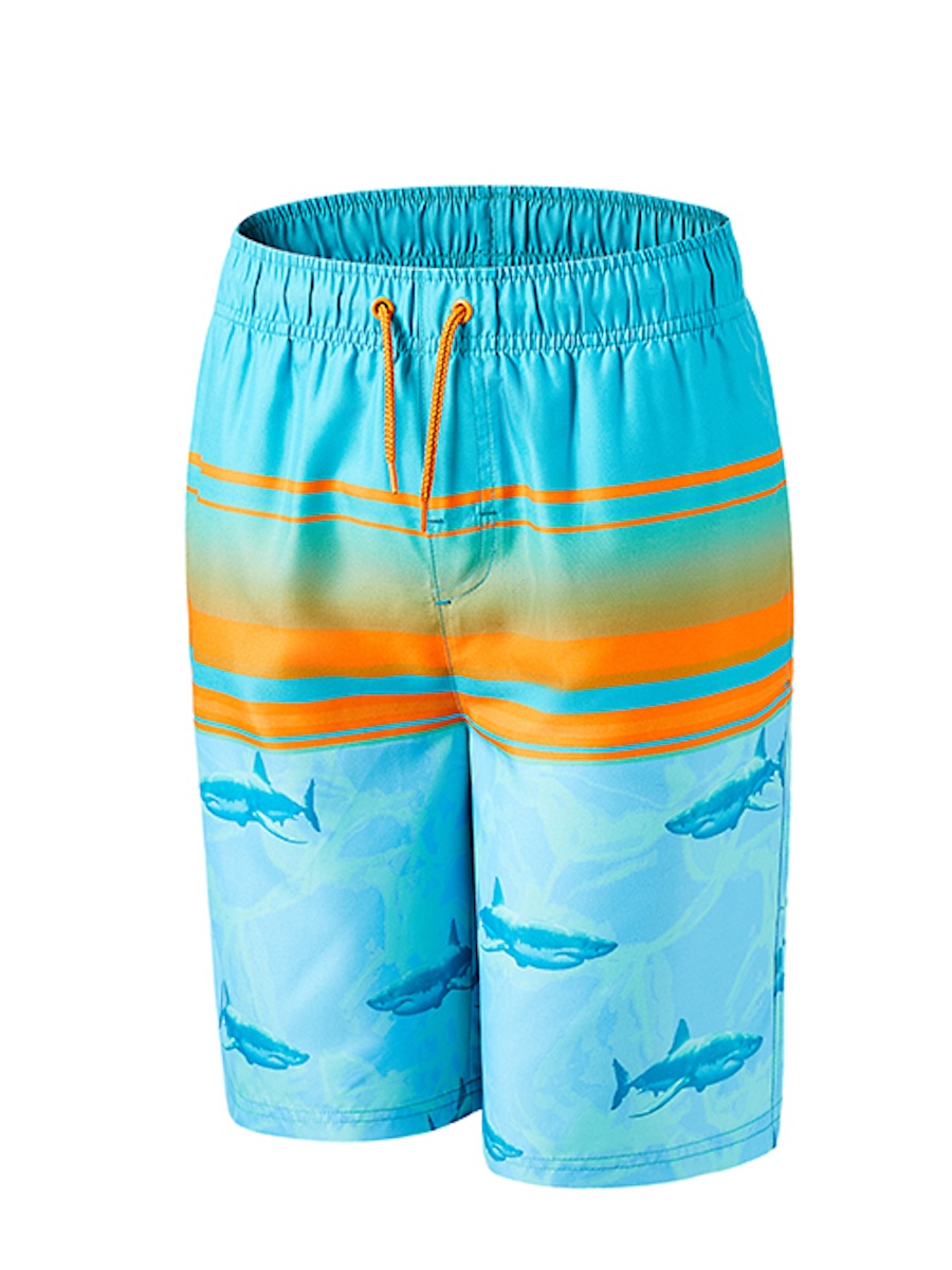 Boys' shark print swim shorts with orange drawstring, ghost mannequin front view