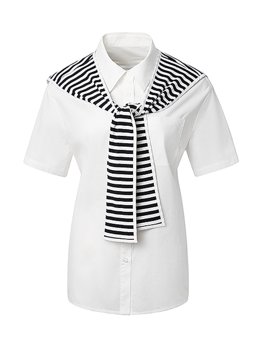 White cotton shirt styled with a striped knit scarf, ghost mannequin front view