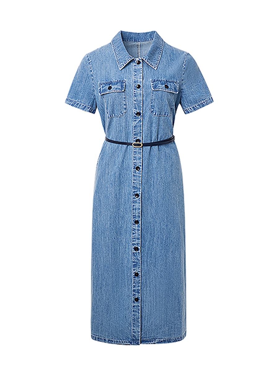 Light blue denim shirt dress with a slim belt, ghost mannequin front view on white