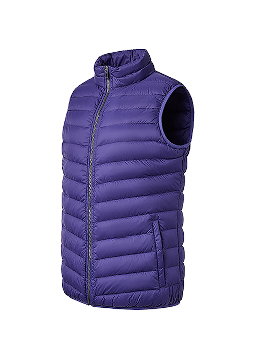 Purple lightweight down vest shot at a 45 degree angle on an invisible mannequin