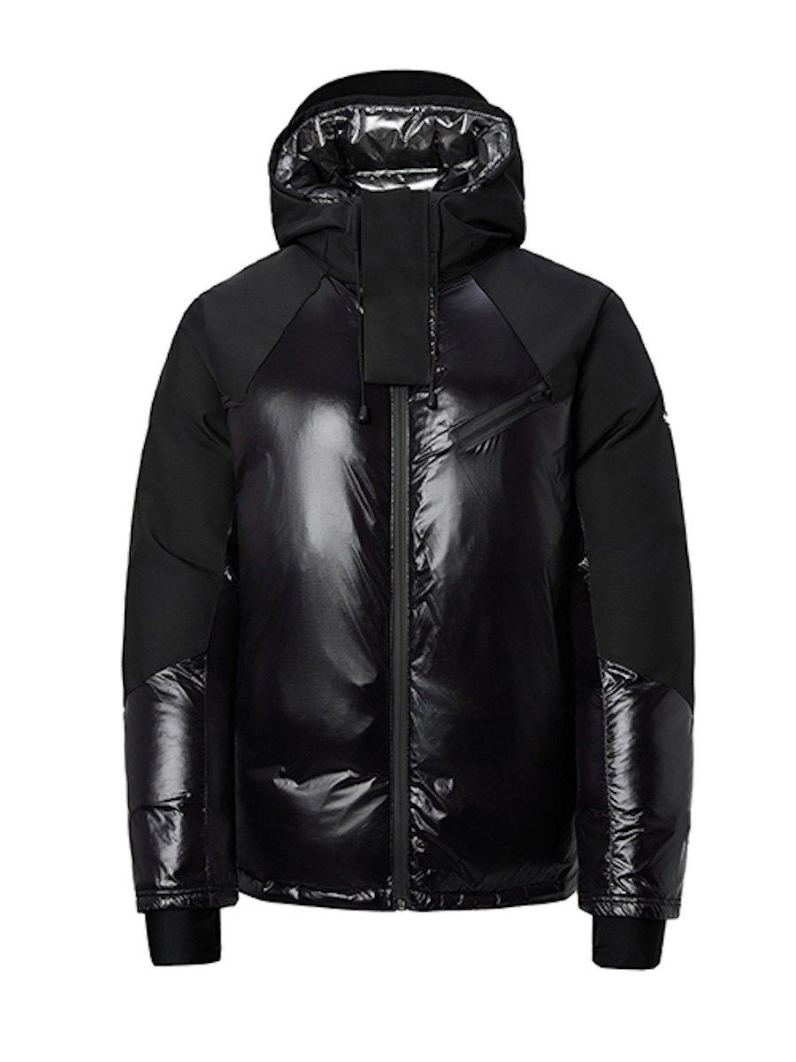 Men's black glossy down ski jacket photographed as a ghost mannequin on white