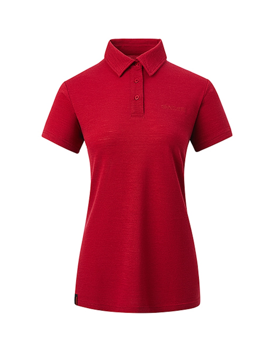 Red merino wool polo shirt, ghost mannequin front view on pure white