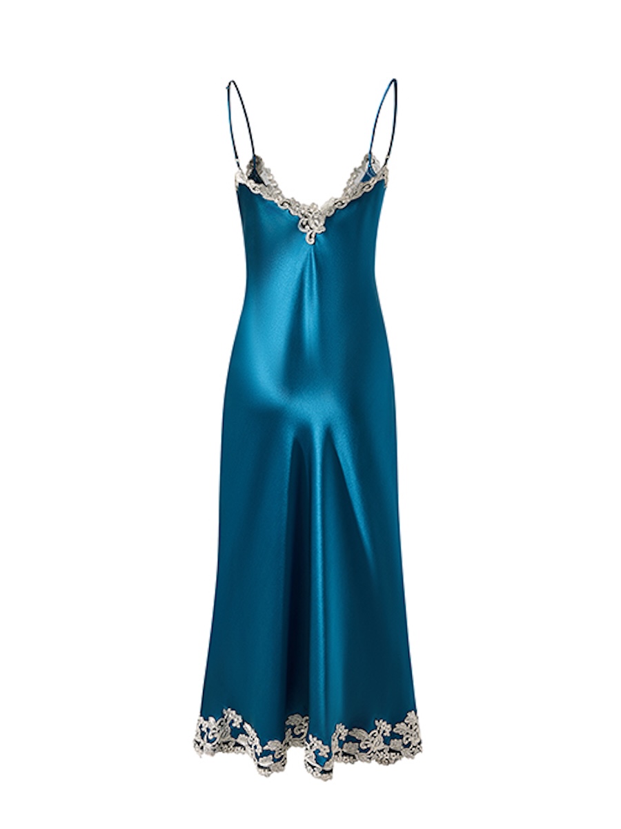 Back view of the teal silk slip dress, ghost mannequin retouch showing the lace hem
