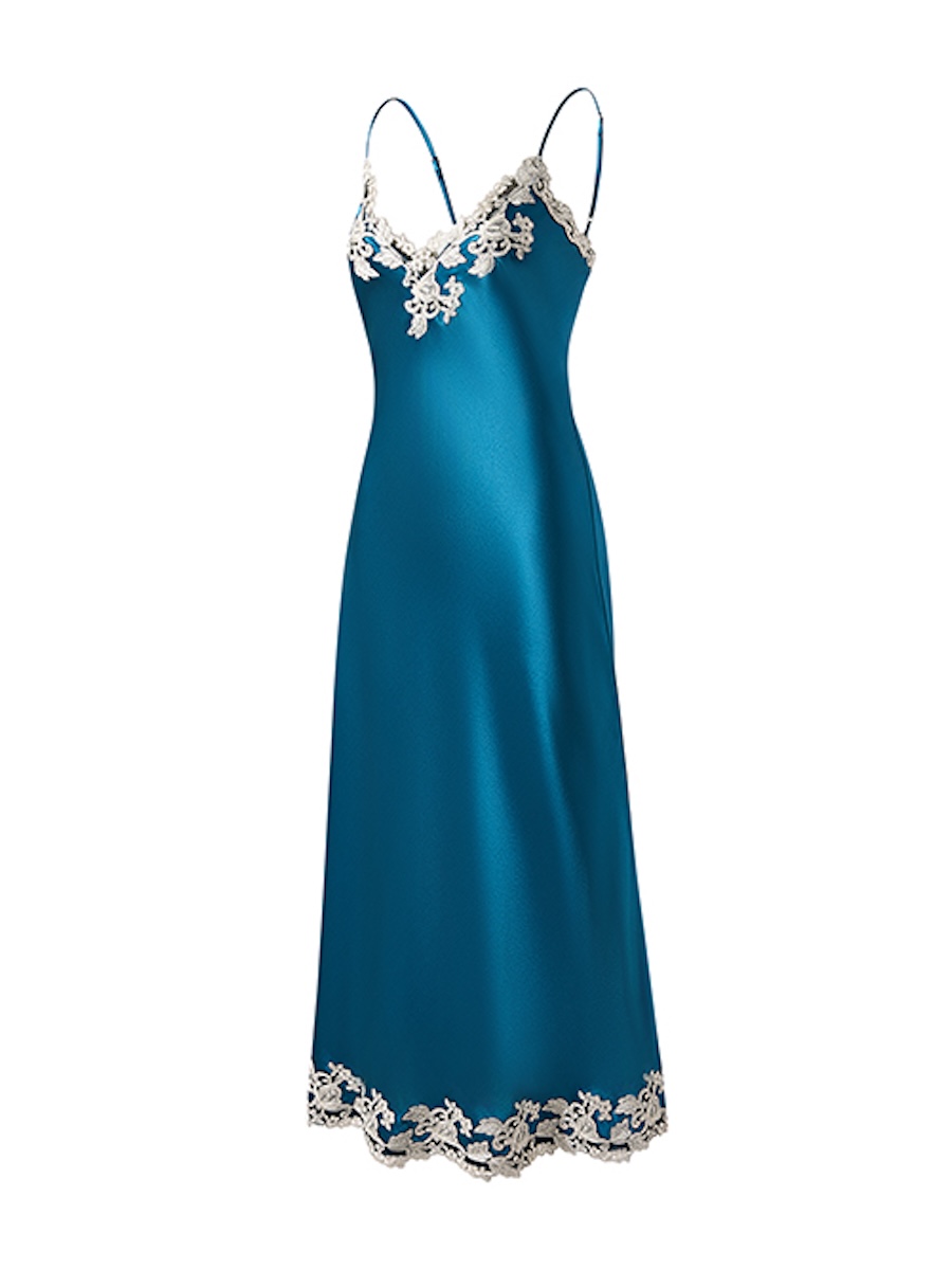 Teal silk satin slip dress with ivory lace trim, ghost mannequin front view on white