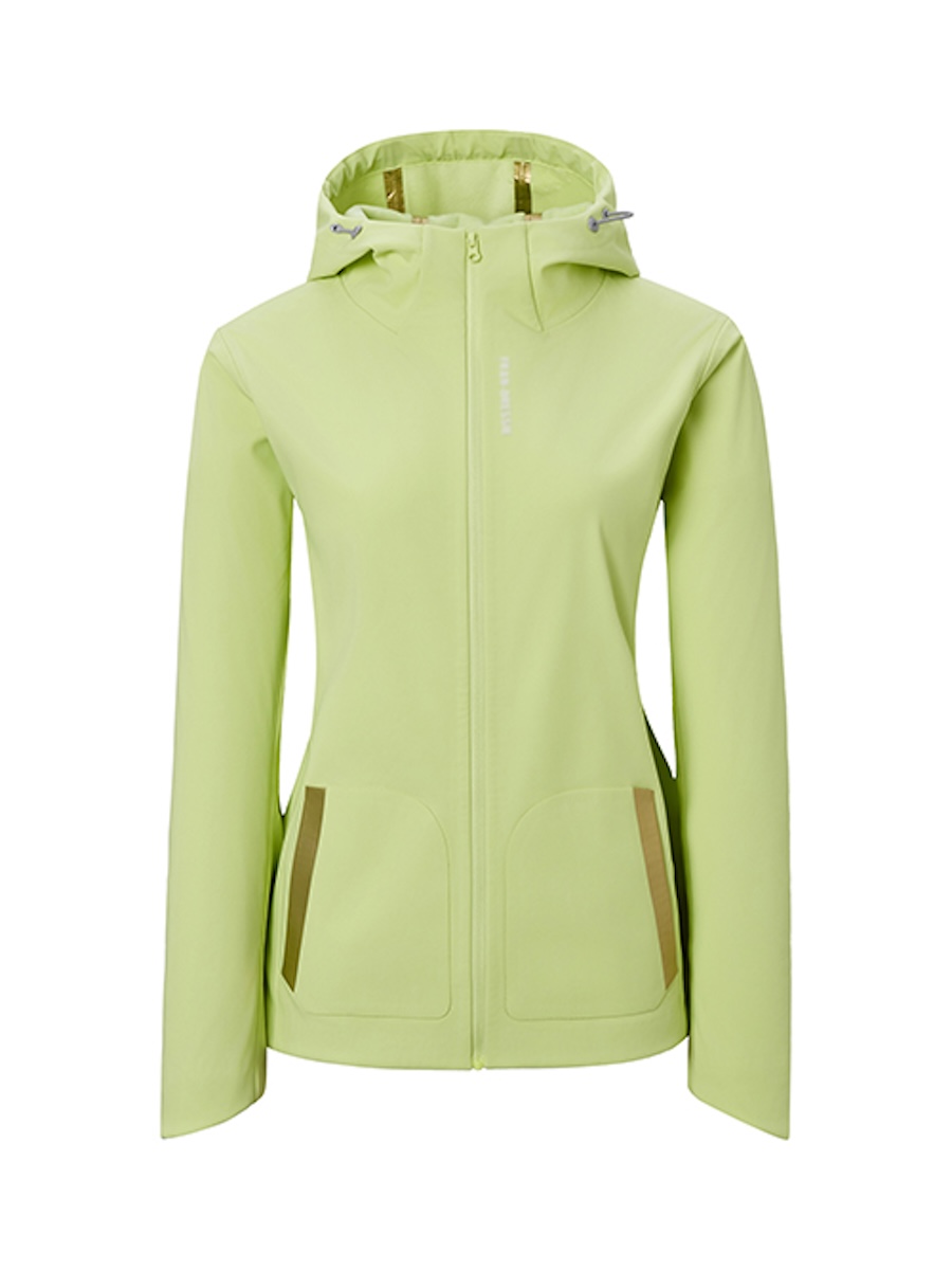 Lime green softshell hooded jacket, ghost mannequin front view with the hood held open