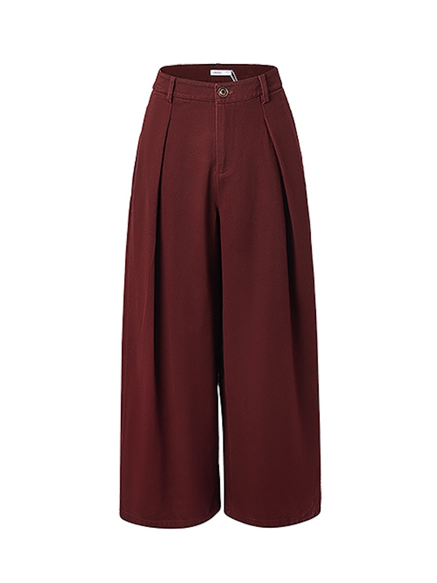 Burgundy pleated wide-leg trousers photographed on an invisible mannequin, front view