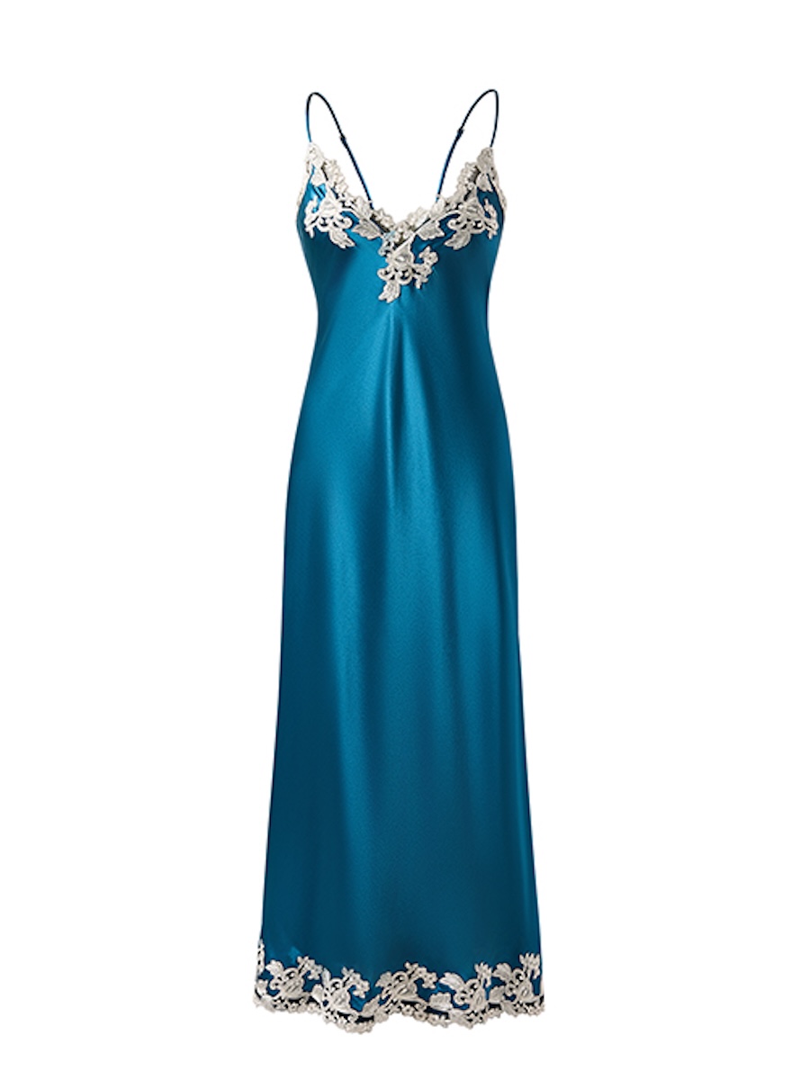 Teal silk slip dress, second front angle shot on an invisible mannequin